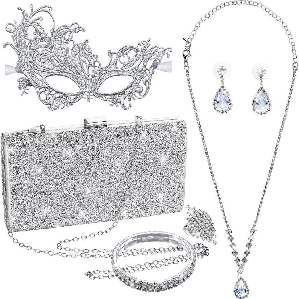 Masquerade Mask Jewelry Set Rhinestone Clutch Necklace Earrings Rings for Evenin